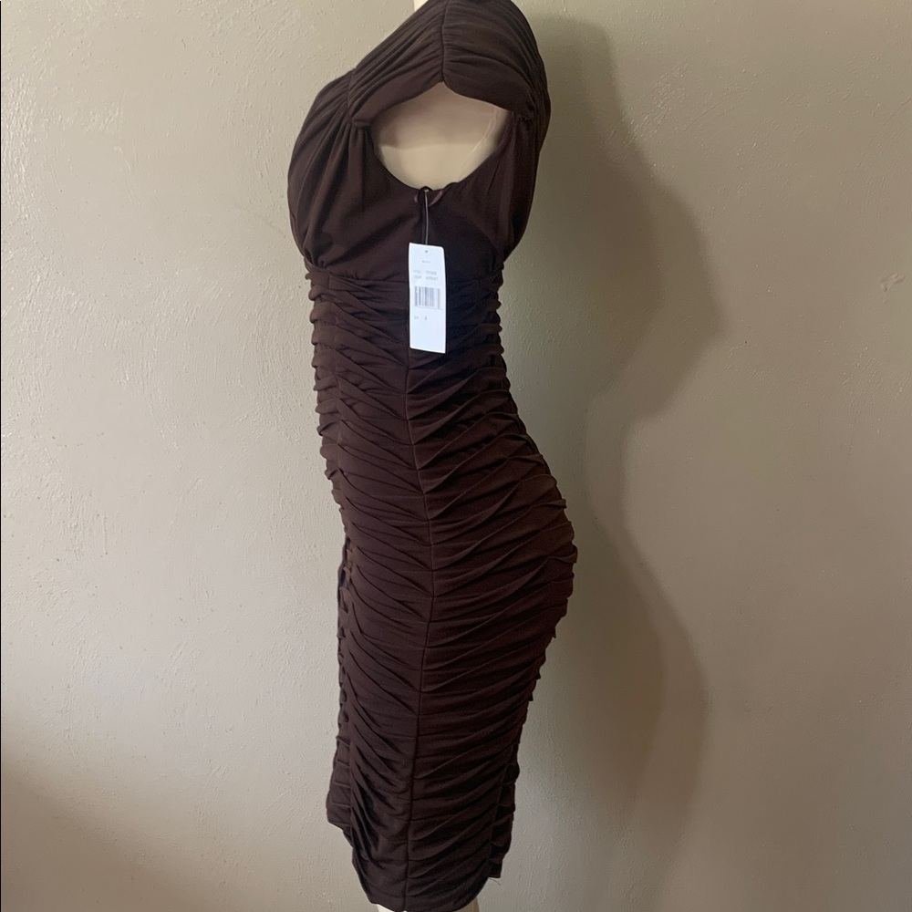 JAX size 4 Stunning Cap-Sleeve Ruched Midi Dress in Brown NWT - Picture 3 of 8